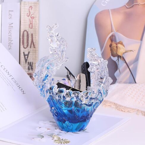 suruim Hand Blown Glass Wave Sculpture Figurines Blue and Clear Art Glass Bowl for Home Decor, Sea Glass Figurine, Nautical Sea Glass Decorations, Multipurpose Storage for Keys, Jewelry, Candy in Kuwait