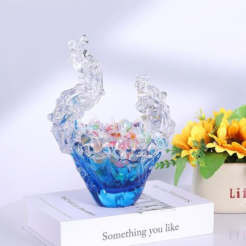 suruim Hand Blown Glass Wave Sculpture Figurines Blue and Clear Art Glass Bowl for Home Decor, Sea Glass Figurine, Nautical Sea Glass Decorations, Multipurpose Storage for Keys, Jewelry, Candy in Kuwait
