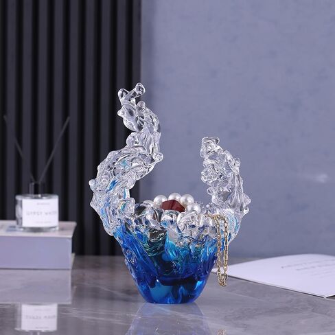 suruim Hand Blown Glass Wave Sculpture Figurines Blue and Clear Art Glass Bowl for Home Decor, Sea Glass Figurine, Nautical Sea Glass Decorations, Multipurpose Storage for Keys, Jewelry, Candy in Kuwait