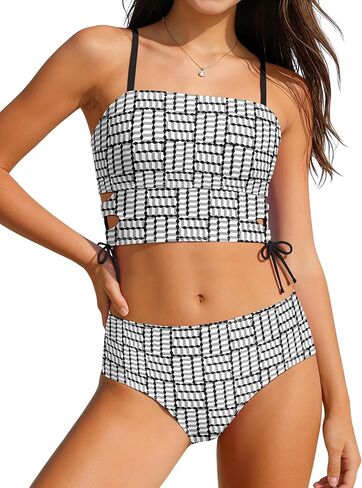 الفتيات المايوه القماش القطني قطع الرباط الرجعية لباس سباحة 2 قطعة Tankini ملابس السباحة 9-16Y in Kuwait