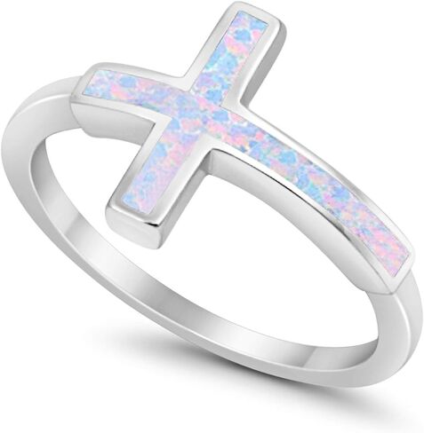 Blue Apple Co. Sideways Cross Ring Lab Created White Opal 925 Sterling Silver Choose Color in Saudi Arabia