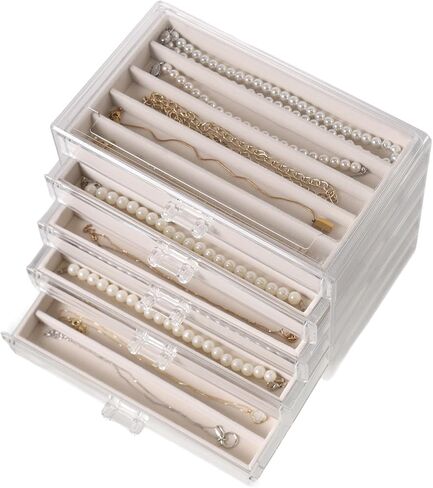 Necklace Holder Organizer, Acrylic Jewelry Box for Necklaces with 5 Drawers, Clear Chain Display Case with Adjustable Velvet Trays for Women Girls, Grey in Saudi Arabia