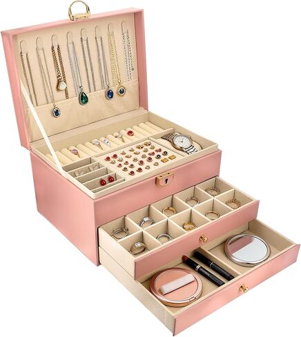 صندوق مجوهرات SRTCYDA للنساء، منظمات وتخزين مجوهرات كبيرة من جلد البولي يوريثان، تخزين مجوهرات من 3 طبقات مع درجين، تصميم موفر للمساحة للزينة، يحمل جميع أنواع المجوهرات (وردي) in Kuwait