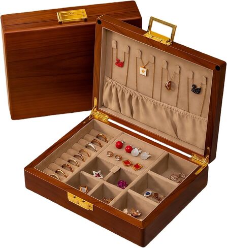 صندوق مجوهرات من خشب الجوز الأسود الصلب مع قفل ومفتاح، منظم خشبي عتيق بسعة كبيرة للنساء والرجال، خاتم وقلادة وأقراط وأزرار أكمام للتخزين فواصل قابلة للإزالة هدية لعيد الميلاد in Kuwait