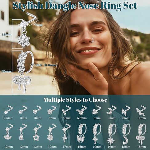 revolia 20pcs 20g حلقات الأنف المتدلية للنساء الجراحية الصلب المتدلية حلقات الأنف l على شكل الأنف ترصيع الأطواق تشيكوسلوفاكيا زهرة فراشة القلب الأنف ثقب المجوهرات in Saudi Arabia