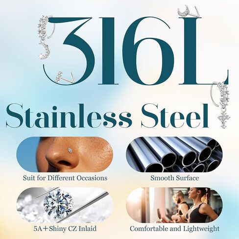 revolia 20pcs 20g حلقات الأنف المتدلية للنساء الجراحية الصلب المتدلية حلقات الأنف l على شكل الأنف ترصيع الأطواق تشيكوسلوفاكيا زهرة فراشة القلب الأنف ثقب المجوهرات in Saudi Arabia
