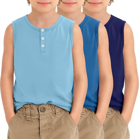 مجموعة من 3 قمصان بدون أكمام للأولاد من Henley، قمصان داخلية فضفاضة برقبة دائرية للأطفال والشباب مقاس 5-14 سنة in Kuwait