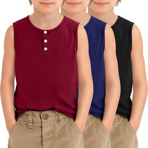 مجموعة من 3 قمصان بدون أكمام للأولاد من Henley، قمصان داخلية فضفاضة برقبة دائرية للأطفال والشباب مقاس 5-14 سنة in Kuwait