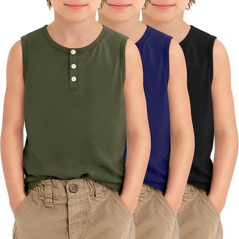 مجموعة من 3 قمصان بدون أكمام للأولاد من Henley، قمصان داخلية فضفاضة برقبة دائرية للأطفال والشباب مقاس 5-14 سنة in Kuwait