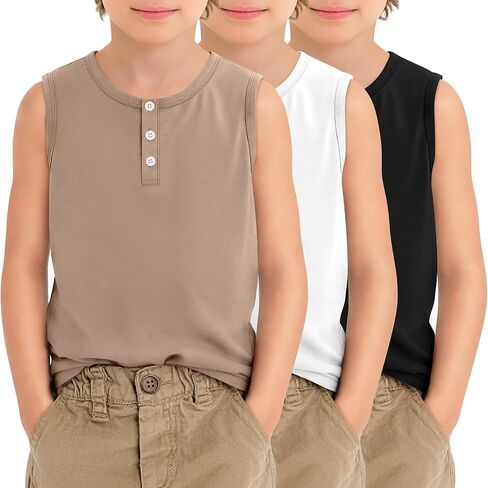 مجموعة من 3 قمصان بدون أكمام للأولاد من Henley، قمصان داخلية فضفاضة برقبة دائرية للأطفال والشباب مقاس 5-14 سنة in Kuwait
