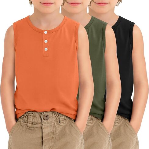 مجموعة من 3 قمصان بدون أكمام للأولاد من Henley، قمصان داخلية فضفاضة برقبة دائرية للأطفال والشباب مقاس 5-14 سنة in Kuwait