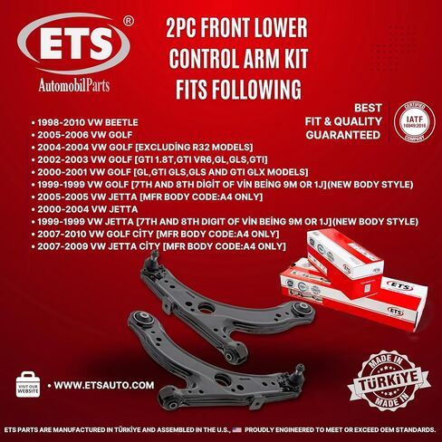 ETS 2Pc Front Right & Left Lower Control Arm and Ball Joint Assembly Pair Kit fits 1998-2010 Volkswagen Beetle / 1999-2004 WV Golf Jetta K620717 K620718 in Saudi Arabia