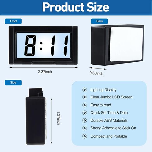 Small Digital Car Dashboard Clock Battery Operated Big Clear LCD Time Display with Strong Adhesive Mini Stick On Car Watch for Automotive, Motorcycle &Truck (Light Black, Pack of 2) in Kuwait