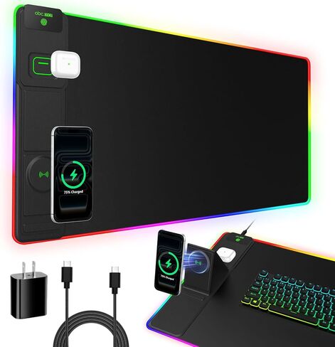 لوحة ماوس ألعاب XXL RGB LED مع شاحن لاسلكي مغناطيسي وحامل هاتف قابل للطي، بساط مكتب ممتد فائق النعومة مقاس 31.5 × 15.8 بوصة، 25 تأثير إضاءة، قاعدة غير قابلة للانزلاق، تتضمن محول PD 20 وات in Kuwait