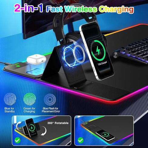لوحة ماوس ألعاب XXL RGB LED مع شاحن لاسلكي مغناطيسي وحامل هاتف قابل للطي، بساط مكتب ممتد فائق النعومة مقاس 31.5 × 15.8 بوصة، 25 تأثير إضاءة، قاعدة غير قابلة للانزلاق، تتضمن محول PD 20 وات in Kuwait