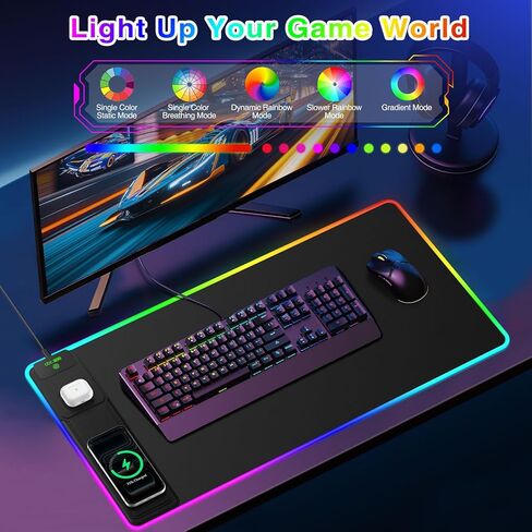 لوحة ماوس ألعاب XXL RGB LED مع شاحن لاسلكي مغناطيسي وحامل هاتف قابل للطي، بساط مكتب ممتد فائق النعومة مقاس 31.5 × 15.8 بوصة، 25 تأثير إضاءة، قاعدة غير قابلة للانزلاق، تتضمن محول PD 20 وات in Kuwait