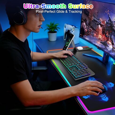 لوحة ماوس ألعاب XXL RGB LED مع شاحن لاسلكي مغناطيسي وحامل هاتف قابل للطي، بساط مكتب ممتد فائق النعومة مقاس 31.5 × 15.8 بوصة، 25 تأثير إضاءة، قاعدة غير قابلة للانزلاق، تتضمن محول PD 20 وات in Kuwait