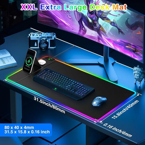 لوحة ماوس ألعاب XXL RGB LED مع شاحن لاسلكي مغناطيسي وحامل هاتف قابل للطي، بساط مكتب ممتد فائق النعومة مقاس 31.5 × 15.8 بوصة، 25 تأثير إضاءة، قاعدة غير قابلة للانزلاق، تتضمن محول PD 20 وات in Kuwait