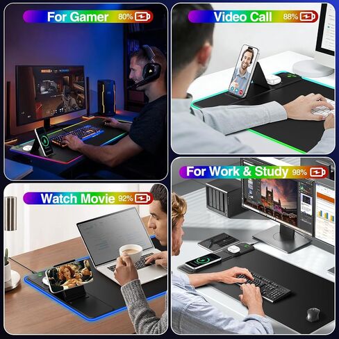 لوحة ماوس ألعاب XXL RGB LED مع شاحن لاسلكي مغناطيسي وحامل هاتف قابل للطي، بساط مكتب ممتد فائق النعومة مقاس 31.5 × 15.8 بوصة، 25 تأثير إضاءة، قاعدة غير قابلة للانزلاق، تتضمن محول PD 20 وات in Kuwait