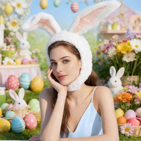 Plush Bunny Ears Hood Rabbit Costume Accessories Hat Easter Photo Props for Women Men Warm Soft and Cozy in Saudi Arabia