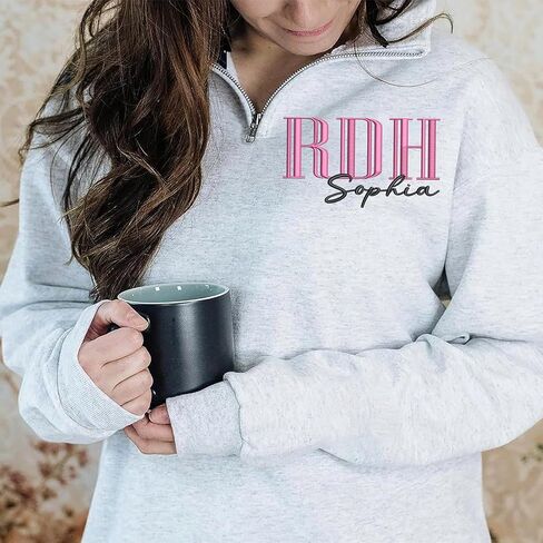 Chillever Custom Embroidered Dental Hygienist Quarter Zip Sweatshirt, RDH Crewneck with Name on Sleeve, RDH Sweater, Registered Dental Hygienist Gift, Nurse Appreciation Gift A2 in Saudi Arabia