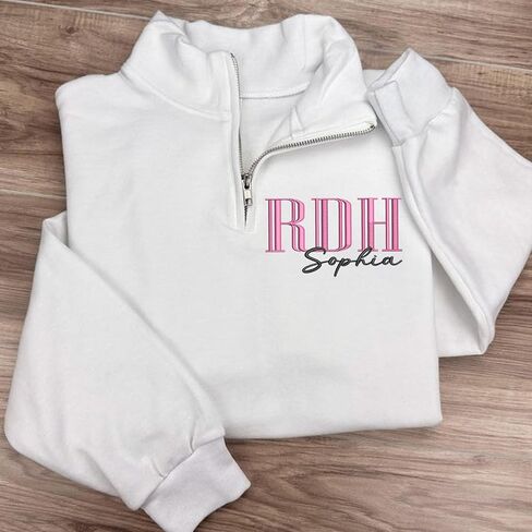 Chillever Custom Embroidered Dental Hygienist Quarter Zip Sweatshirt, RDH Crewneck with Name on Sleeve, RDH Sweater, Registered Dental Hygienist Gift, Nurse Appreciation Gift A2 in Saudi Arabia