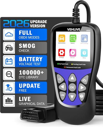 أدوات تشخيص الماسح الضوئي OBD2 للسيارة، قارئ رموز السيارات وأداة إعادة الضبط لفحص المحرك، كاشف اختبار البطارية، قارئ رمز ضوء المحرك ومسحه، شاشة ملونة كبيرة مقاس 2.8 بوصة، VEHLIVE V850 in Kuwait