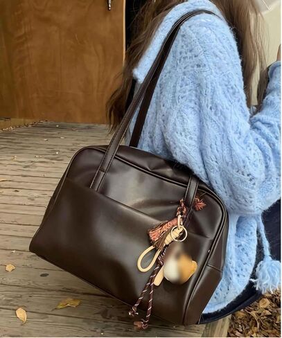 حقيبة كتف عتيقة للنساء، حقائب مدرسية يابانية بنية لطيفة، حقائب يد من الجلد الناعم Y2K، مصمم محفظة مربعة جمالية عصرية بسحاب in Kuwait