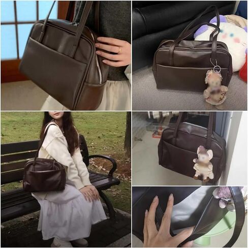 حقيبة كتف عتيقة للنساء، حقائب مدرسية يابانية بنية لطيفة، حقائب يد من الجلد الناعم Y2K، مصمم محفظة مربعة جمالية عصرية بسحاب in Kuwait