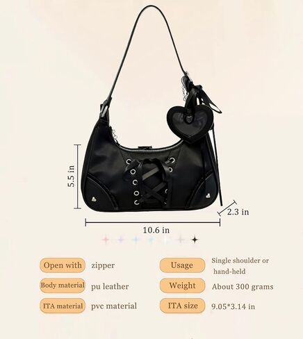 حقيبة كتف بمحفظة سوداء Y2K من Ita للنساء، محافظ لوليتا إيمو القوطية، حقائب مرصعة بإبزيم كاواي، حقيبة يد جمالية لطيفة للخروج in Kuwait