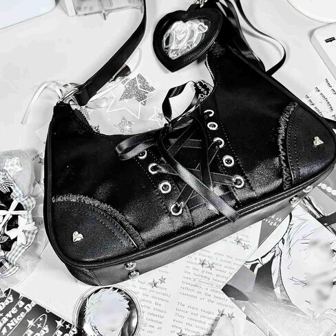 حقيبة كتف بمحفظة سوداء Y2K من Ita للنساء، محافظ لوليتا إيمو القوطية، حقائب مرصعة بإبزيم كاواي، حقيبة يد جمالية لطيفة للخروج in Kuwait