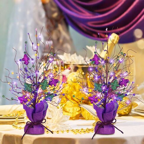 2 Pieces Lighted Mardi Gras Artificial Berry Blossom Table Tree 21 H Shinny Table Centerpiece Tree for Mardi Gras Day Holiday Decoration Home Decor Artificial Plants in Saudi Arabia