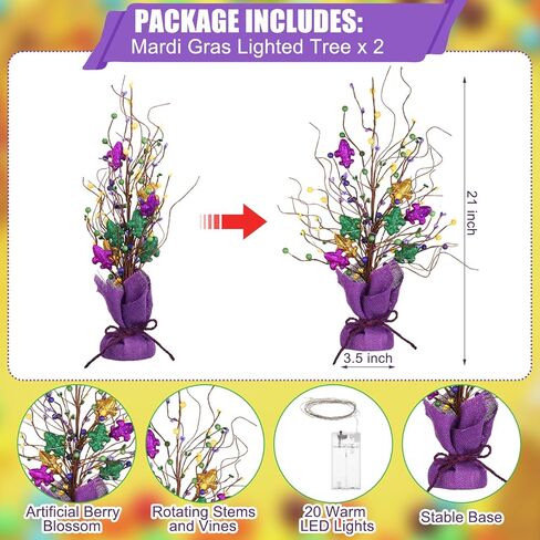 2 Pieces Lighted Mardi Gras Artificial Berry Blossom Table Tree 21 H Shinny Table Centerpiece Tree for Mardi Gras Day Holiday Decoration Home Decor Artificial Plants in Saudi Arabia