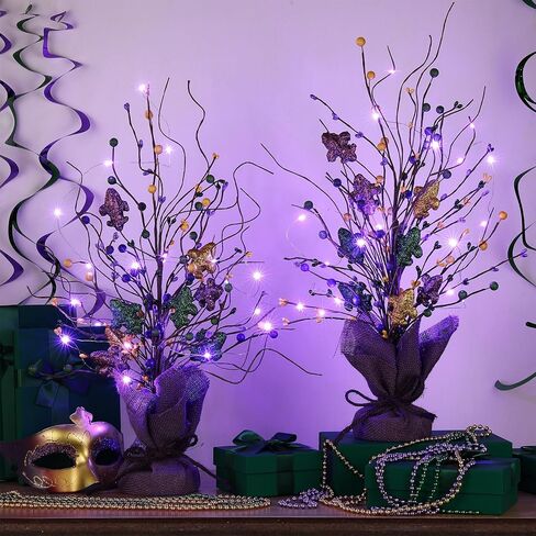 2 Pieces Lighted Mardi Gras Artificial Berry Blossom Table Tree 21 H Shinny Table Centerpiece Tree for Mardi Gras Day Holiday Decoration Home Decor Artificial Plants in Saudi Arabia