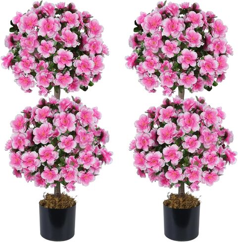 أشجار الكاميليا توبياري الاصطناعية 3FT، مجموعة من 2 كرة توبياري صناعية مع 285 زهرة متفتحة ونباتات وهمية وشجيرات صناعية للشرفة الأمامية الخارجية ديكور مكتب المنزل in Kuwait