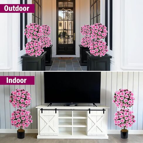 أشجار الكاميليا توبياري الاصطناعية 3FT، مجموعة من 2 كرة توبياري صناعية مع 285 زهرة متفتحة ونباتات وهمية وشجيرات صناعية للشرفة الأمامية الخارجية ديكور مكتب المنزل in Kuwait