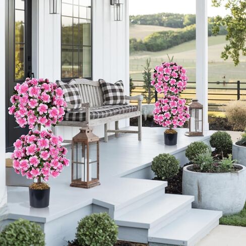 أشجار الكاميليا توبياري الاصطناعية 3FT، مجموعة من 2 كرة توبياري صناعية مع 285 زهرة متفتحة ونباتات وهمية وشجيرات صناعية للشرفة الأمامية الخارجية ديكور مكتب المنزل in Kuwait