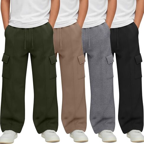4 Pack Boy's Cargo Sweatpants Drawstring Elastic Waist Athletic Baggy Pants Casual Workout Joggers with 4 Pockets in Saudi Arabia