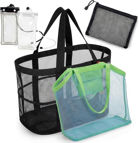 Sadnyy 5 Pcs Extra Large Beach Mesh Tote Bag with Zipper for Family Foldable Beach Toy Bag for Women Men Vacation Essentials in Saudi Arabia