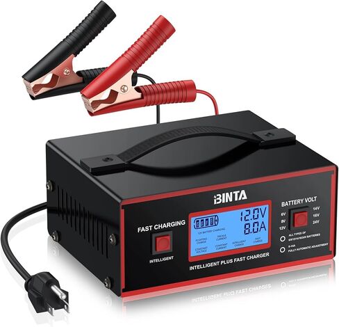 شاحن بطارية BINTA 6/8/12/14/16/24 فولت حمض الرصاص يحافظ على البطارية أوتوماتيكيًا بالكامل، شاحن السيارة الذكية 0-10 أمبير مع مشابك كابلات لشاحنة الدفع الرباعي والدراجات النارية وجزازة العشب والبطاريات البحرية in Kuwait
