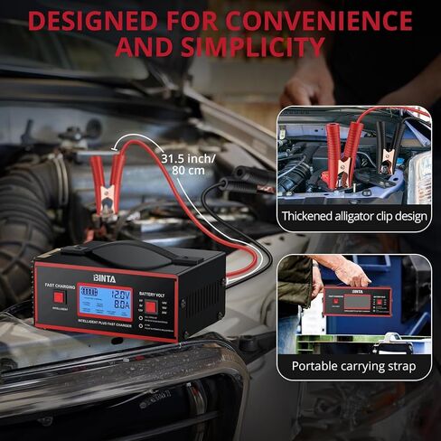 شاحن بطارية BINTA 6/8/12/14/16/24 فولت حمض الرصاص يحافظ على البطارية أوتوماتيكيًا بالكامل، شاحن السيارة الذكية 0-10 أمبير مع مشابك كابلات لشاحنة الدفع الرباعي والدراجات النارية وجزازة العشب والبطاريات البحرية in Kuwait
