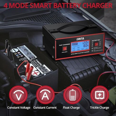 شاحن بطارية BINTA 6/8/12/14/16/24 فولت حمض الرصاص يحافظ على البطارية أوتوماتيكيًا بالكامل، شاحن السيارة الذكية 0-10 أمبير مع مشابك كابلات لشاحنة الدفع الرباعي والدراجات النارية وجزازة العشب والبطاريات البحرية in Kuwait