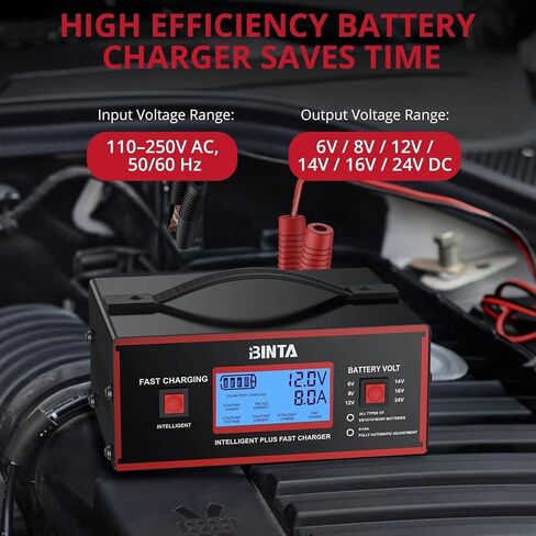 شاحن بطارية BINTA 6/8/12/14/16/24 فولت حمض الرصاص يحافظ على البطارية أوتوماتيكيًا بالكامل، شاحن السيارة الذكية 0-10 أمبير مع مشابك كابلات لشاحنة الدفع الرباعي والدراجات النارية وجزازة العشب والبطاريات البحرية in Kuwait