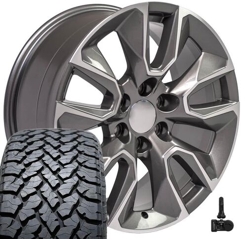 إطارات وإطارات OE Wheels CV32 مقاس 20 بوصة تناسب Silverado 1500 RST Style 6x139.7 20x9 لامعة مصنوعة من المعدن - هولاندر 5916 - TS-37 AT 275/55-20 (مجموعة من 4) in Saudi Arabia