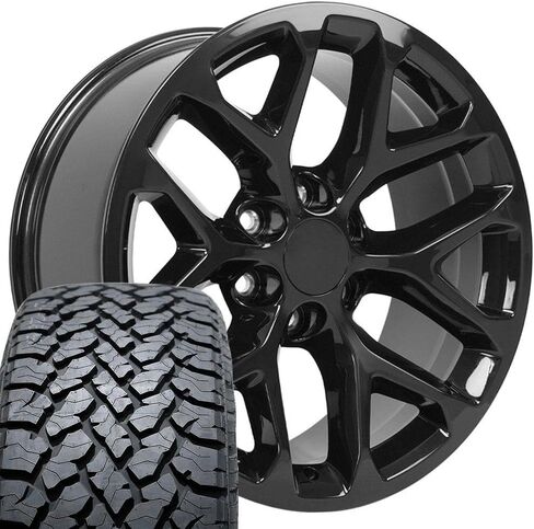 OE Wheels CV98 20 Inch Rims and Tires Fit Silverado 1500 Snowflake Style 6x139.7 20x9 Gloss Black - Hollander 5668 - TS-37 AT 275/55-20 (Set of 4) in Saudi Arabia