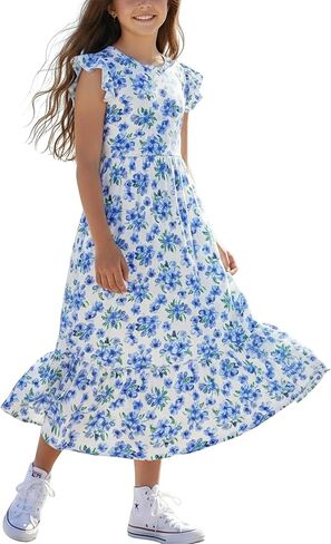 PATPAT Girls Maxi Dress for Kids Spring Summer Tween Girl Floral Casual Short Sleeve Long Dresses with Pockets 5-14 Years in Kuwait