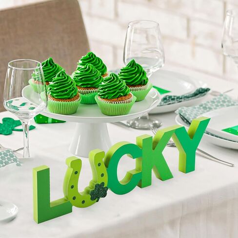 COCHIE Wooden St. Patrick's Day Lucky Sign, St Patricks Day Decorations for Home, Office, Shelf, Mantel, Indoor, Wood Saint Patrick Day Decor Decor, Shamrock Table Top Party Decoration (Green) in Saudi Arabia