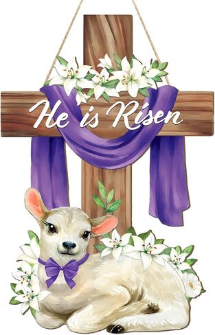 لقد قام بتزيين عيد الفصح بأكاليل خشبية للباب الأمامي، علامة متقاطعة، علامات جدار الباب، الأغنام المسيحية يسوع زهور الزنبق الحلي المعلقة لديكور المنزل الربيعي وحفلات المزرعة in Kuwait