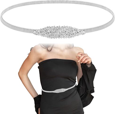 Elastic Skinny Rhinestone Belt for Women, Sparkly Silver Metal Chain Belts Stretch Waist Belt Sparkle Thin Belts for Dresses Ladies Dress Waist Band in Saudi Arabia