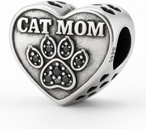 Cat Mom Kitty Kitten Paw Crystal Heart Charm Bead Pendant, 925 Sterling Silver, Compatible with Pandora & Similar Charm Bead Bracelets, Necklaces & DIY Jewelry in Saudi Arabia